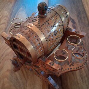 Vintage Carved Wood Barrel Decanter Musical Barware Set with 6 Glasses